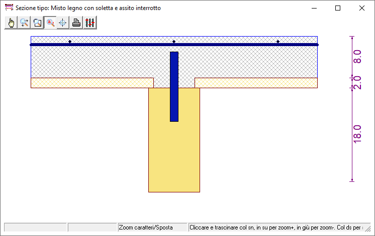 Solaio misto trave in legno assito interrotto e soletta superiore con sistema di connessione a taglio